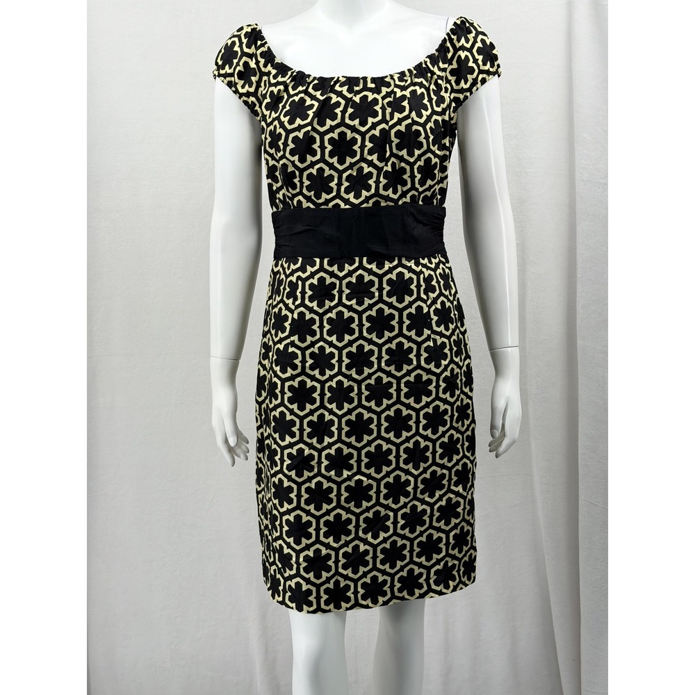 Milly New York Dress Womens 8 Black Tan Geometric Silk Sheath Office Career Work
